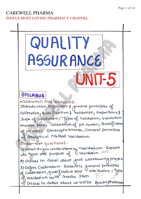 Unit 5, Pharmaceutical Quality Assurance, B Pharmacy 6th Sem, Carewell Pharma